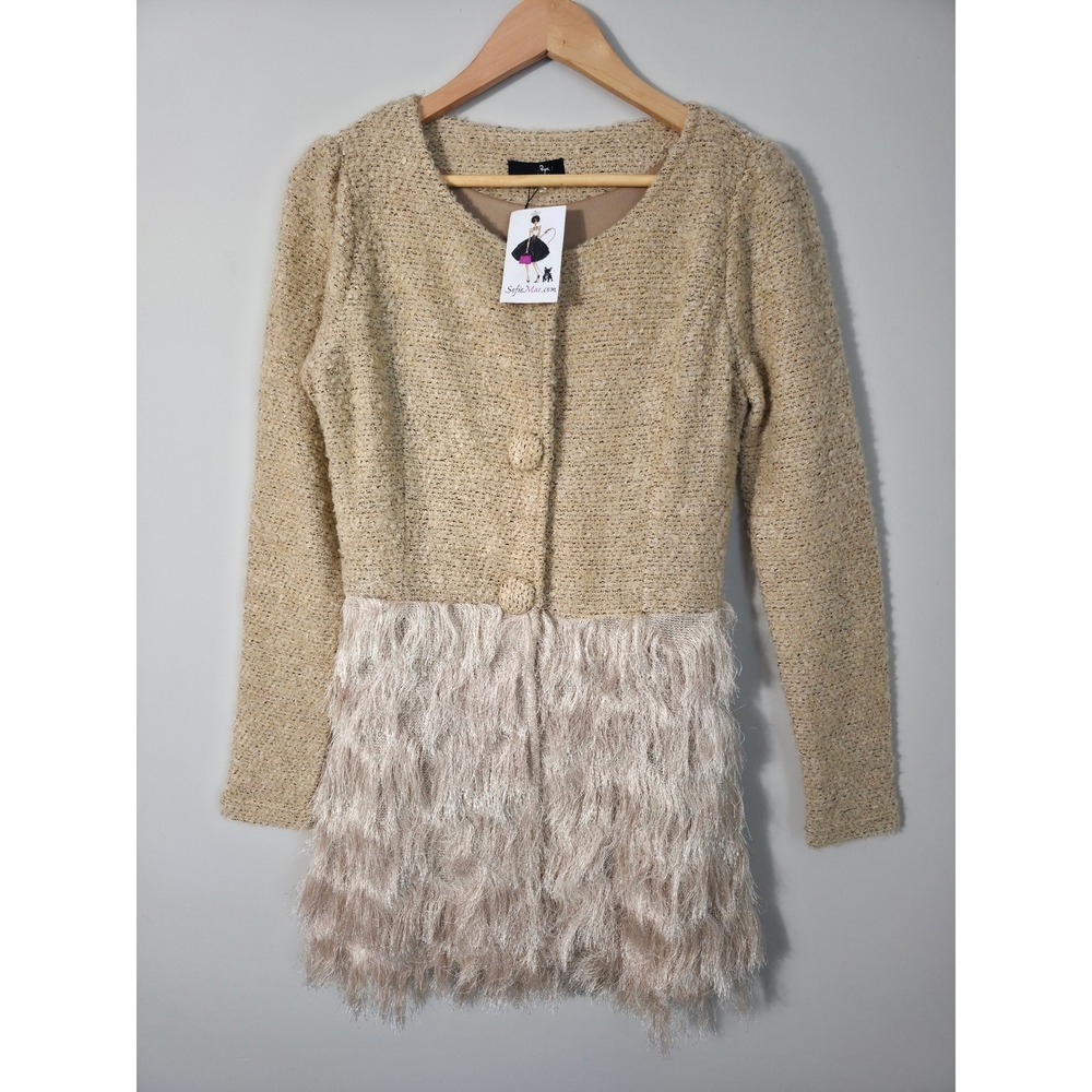 SofieMae Tweed Fringe Jacket Dress Beige Button Front Size M Chic - Picture 2 of 14